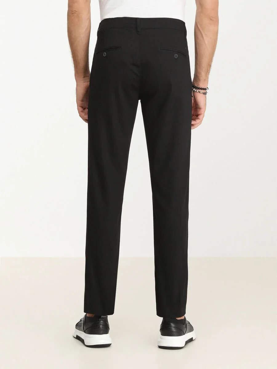 Black Weaving Regular Fit Casual Cotton Blended Trousers - 4