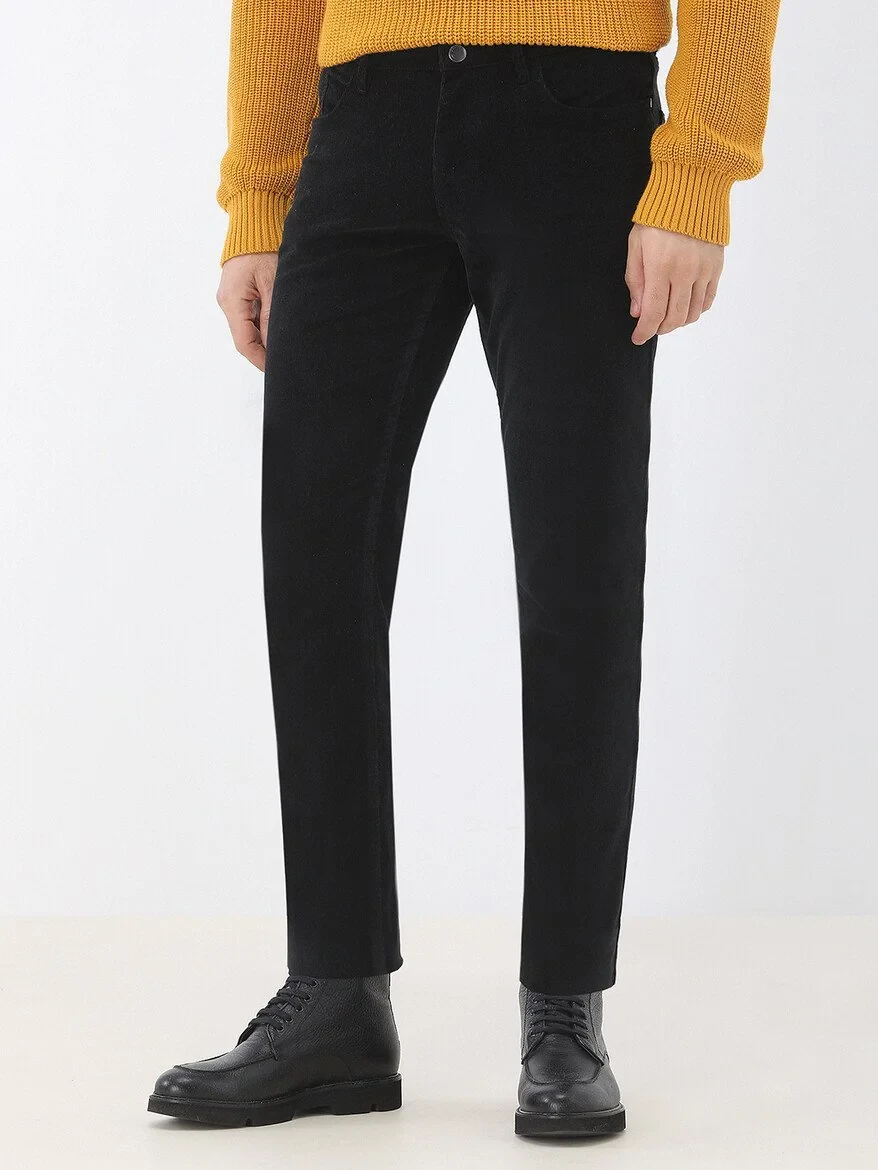 Black Weaving Regular Fit Casual Cotton Blended Trousers - 1