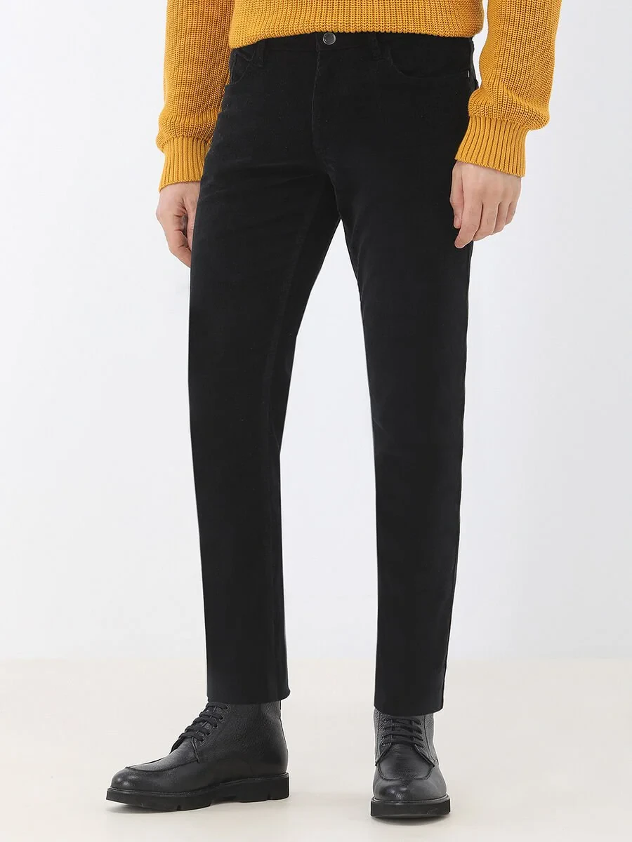 Black Weaving Regular Fit Casual Cotton Blended Trousers - 1