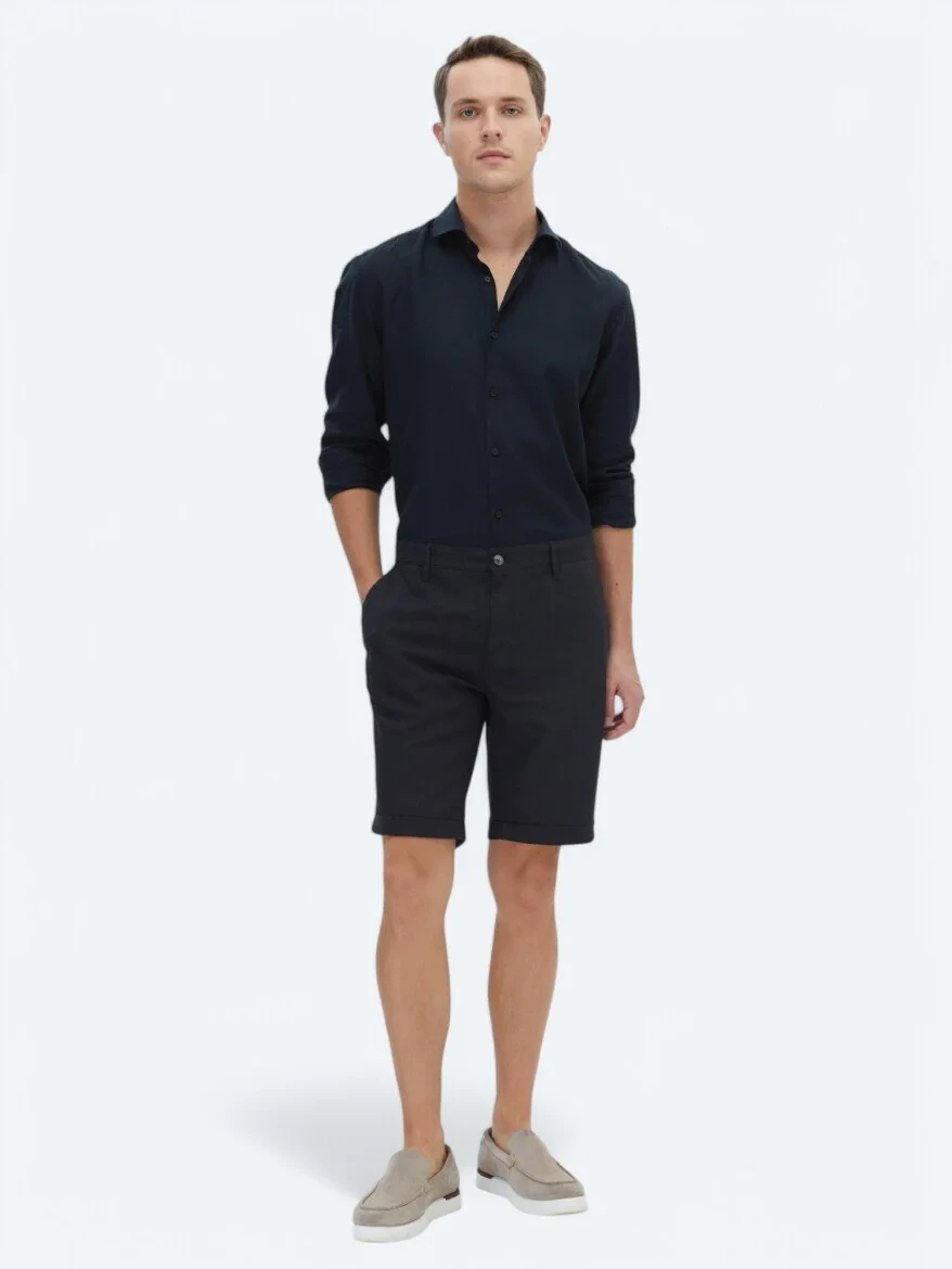 Black Weaving Slim Fit Casual Bermuda - 1