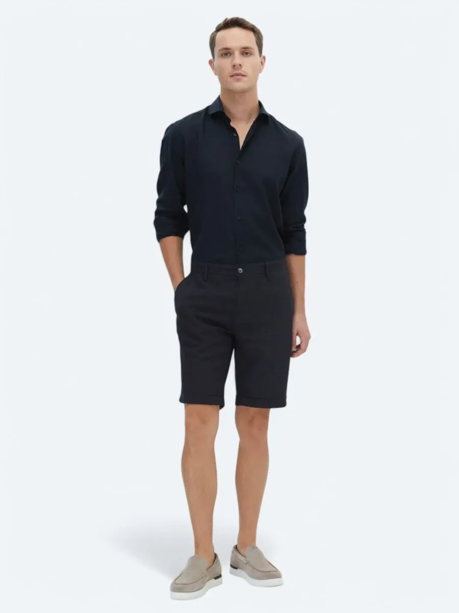 Black Weaving Slim Fit Casual Bermuda - 1