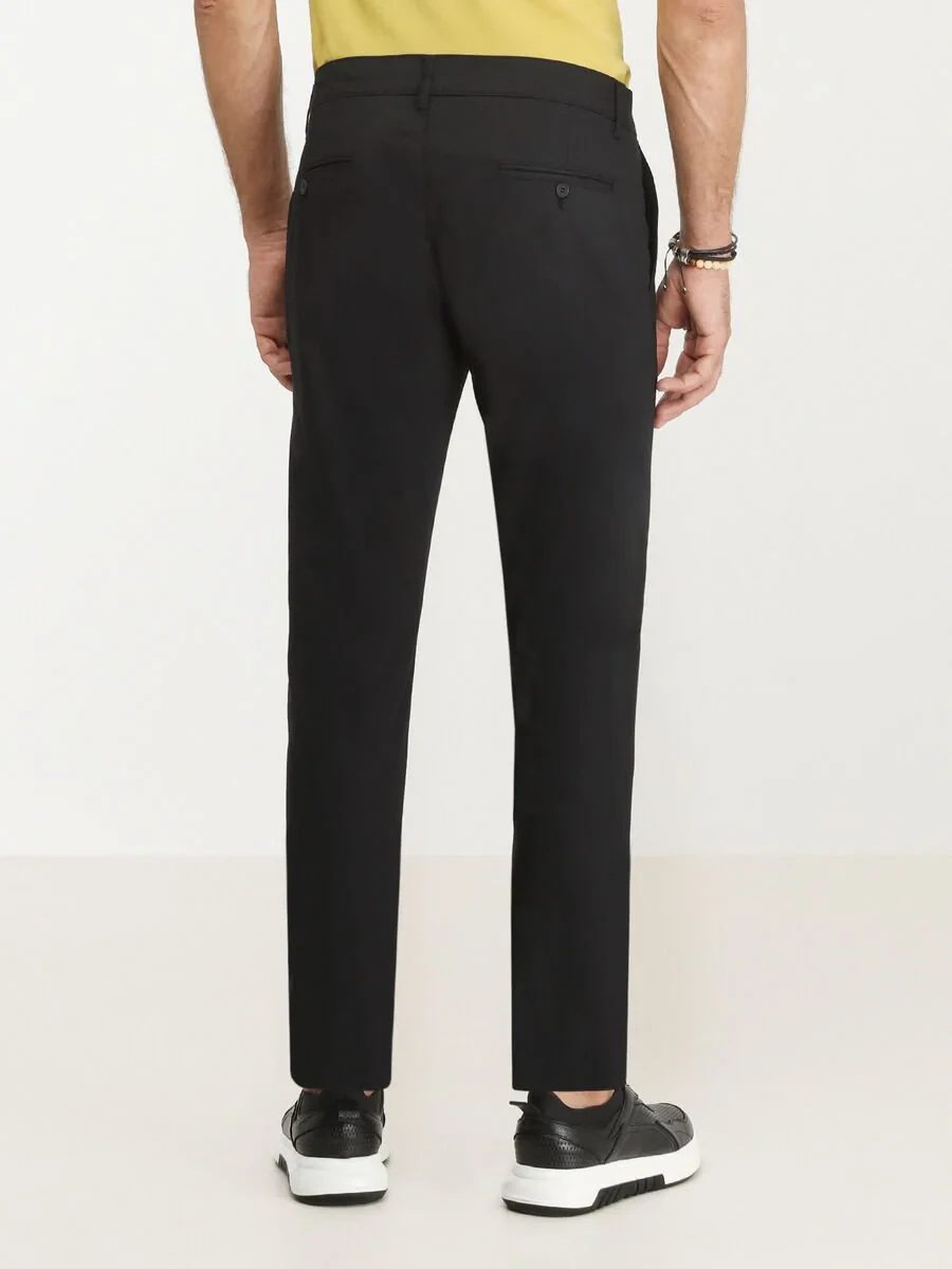 Black Weaving Slim Fit Casual Cotton Blended Trousers - 4
