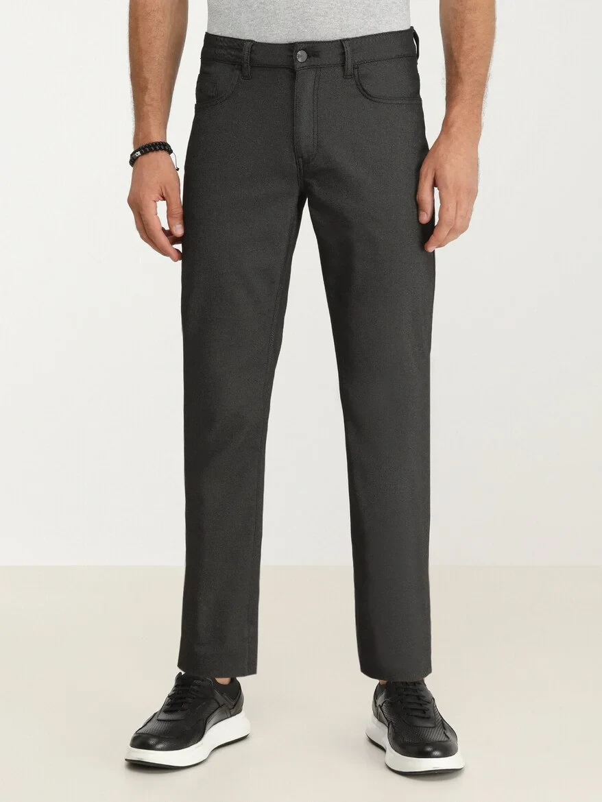 Black Weaving Slim Fit Casual Cotton Blended Trousers - 1