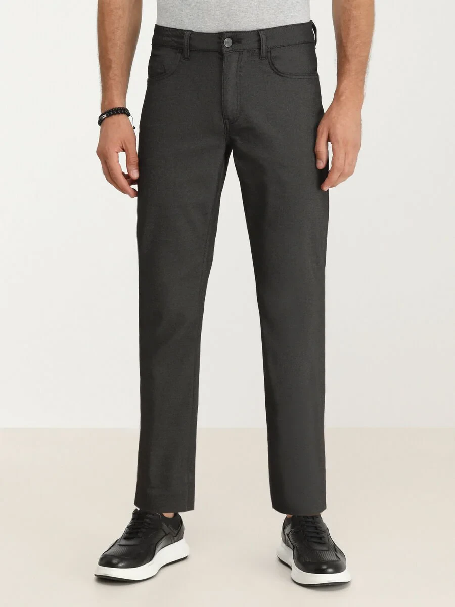 Black Weaving Slim Fit Casual Cotton Blended Trousers - 1