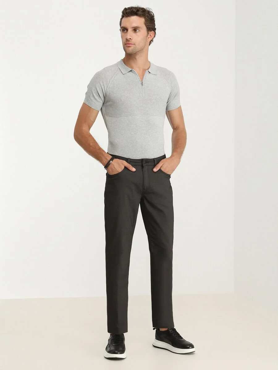 Black Weaving Slim Fit Casual Cotton Blended Trousers - 2