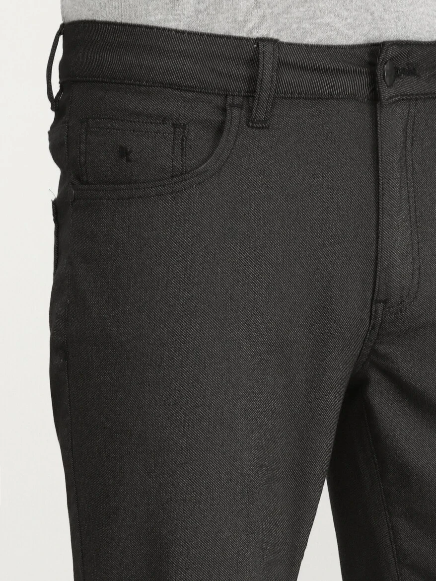 Black Weaving Slim Fit Casual Cotton Blended Trousers - 3