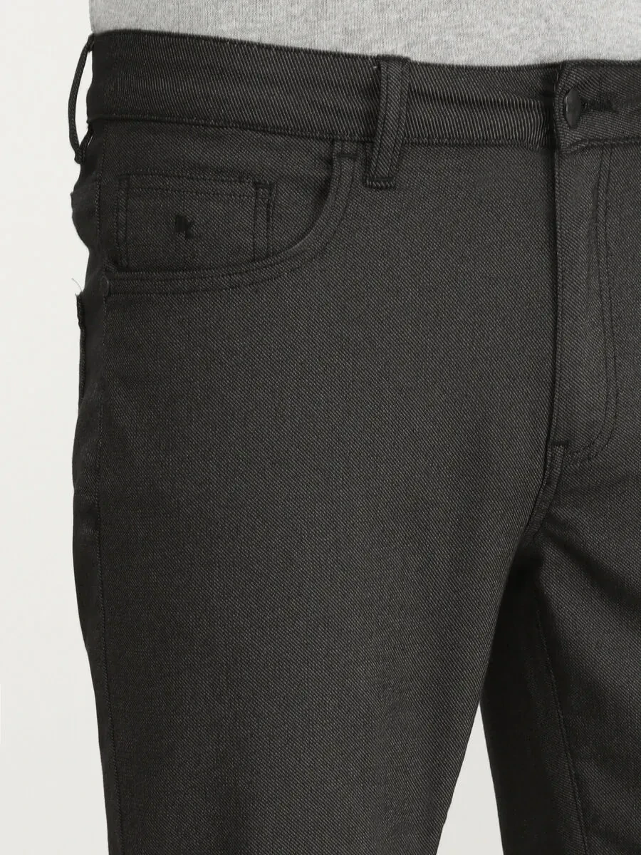 Black Weaving Slim Fit Casual Cotton Blended Trousers - 3