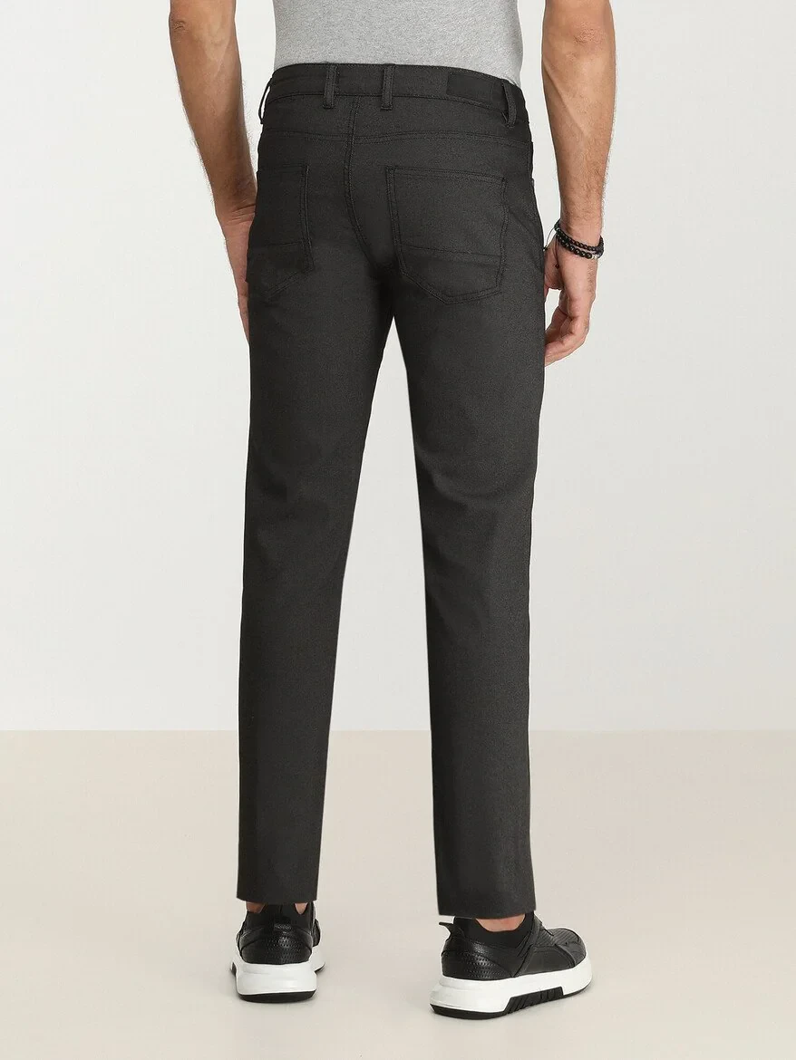 Black Weaving Slim Fit Casual Cotton Blended Trousers - 4