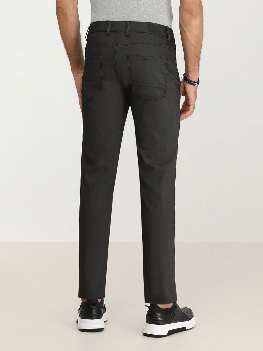 Black Weaving Slim Fit Casual Cotton Blended Trousers - 4