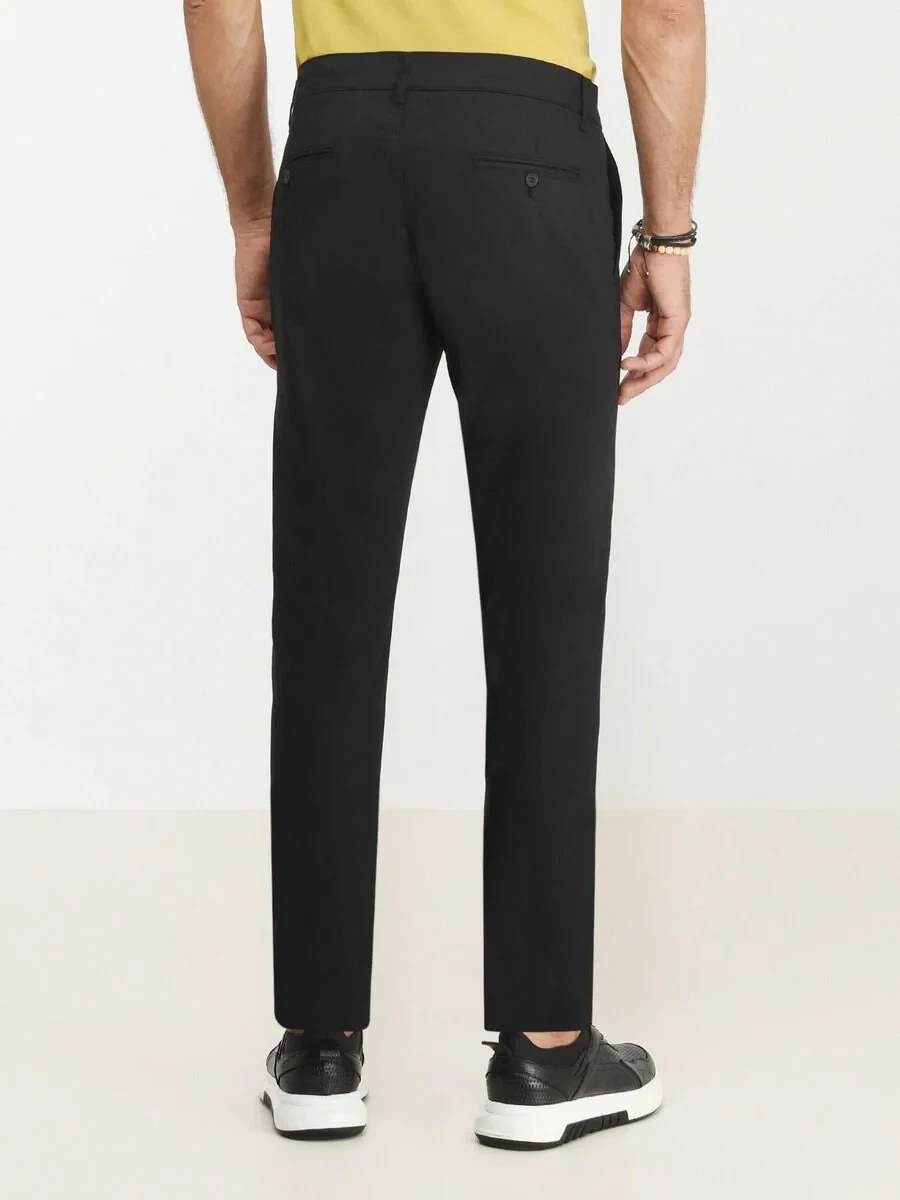Black Weaving Slim Fit Casual Cotton Blended Trousers - 4