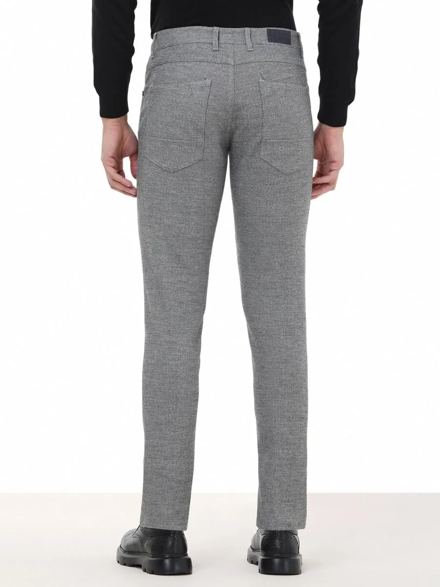 Black Weaving Slim Fit Casual Cotton Blended Trousers - 5
