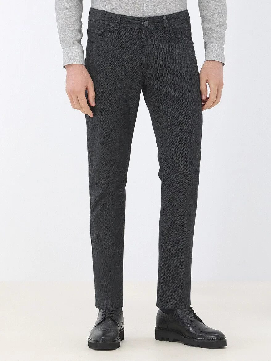 Black Weaving Slim Fit Casual Cotton Blended Trousers - 1