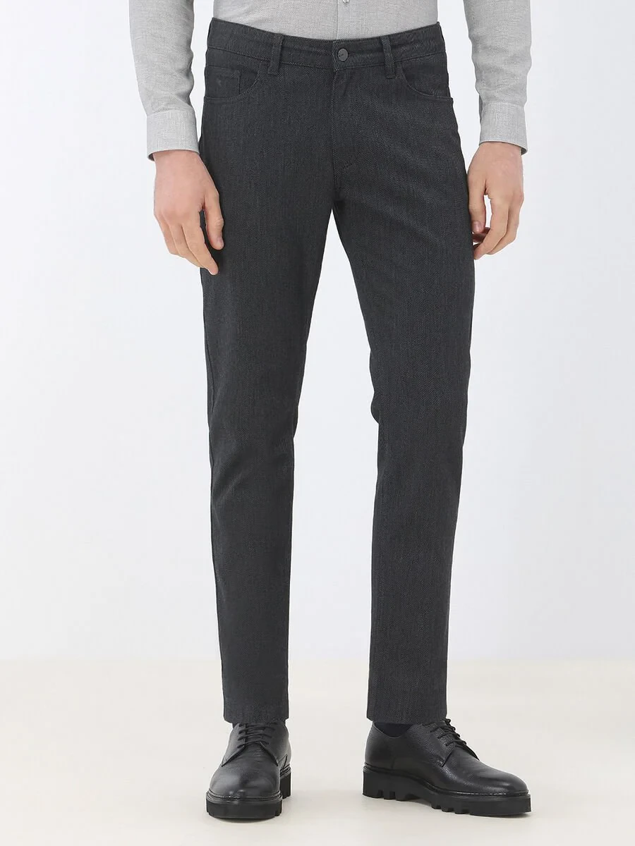 Black Weaving Slim Fit Casual Cotton Blended Trousers - 1