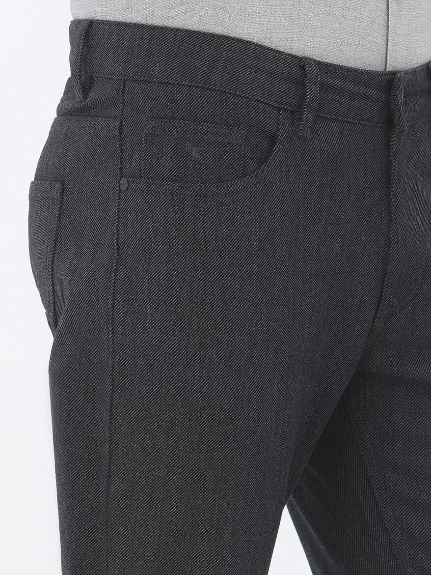 Black Weaving Slim Fit Casual Cotton Blended Trousers - 3