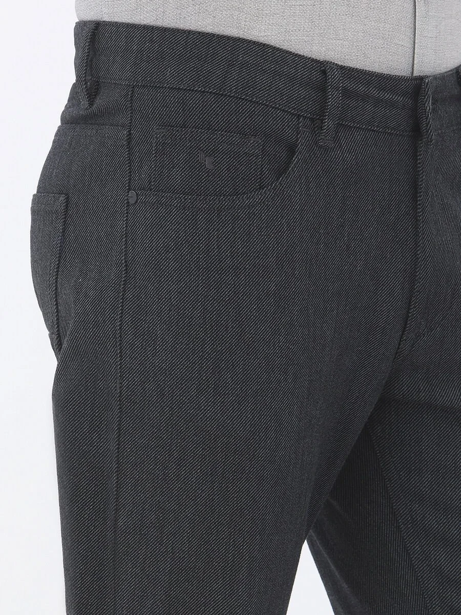 Black Weaving Slim Fit Casual Cotton Blended Trousers - 3
