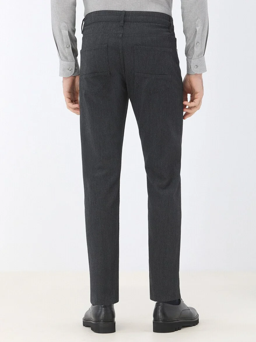 Black Weaving Slim Fit Casual Cotton Blended Trousers - 4
