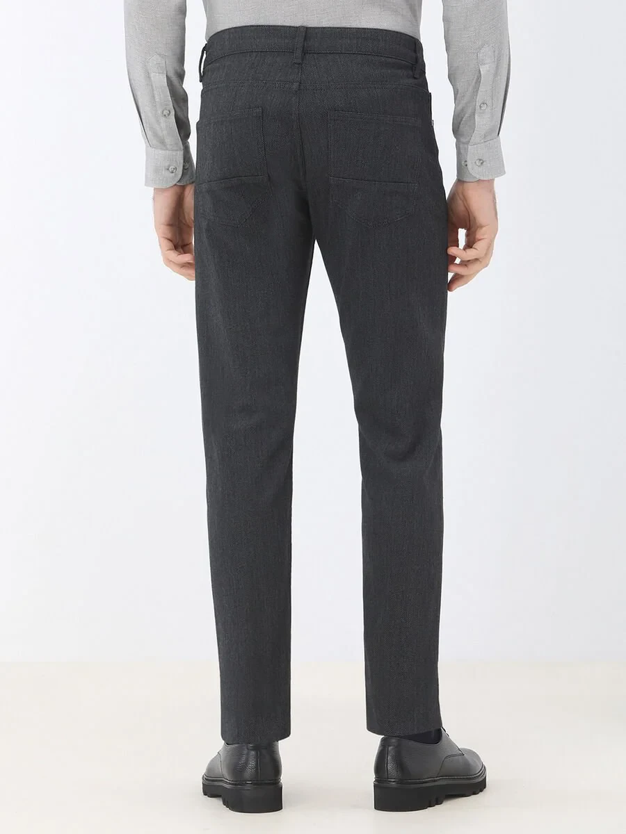 Black Weaving Slim Fit Casual Cotton Blended Trousers - 4