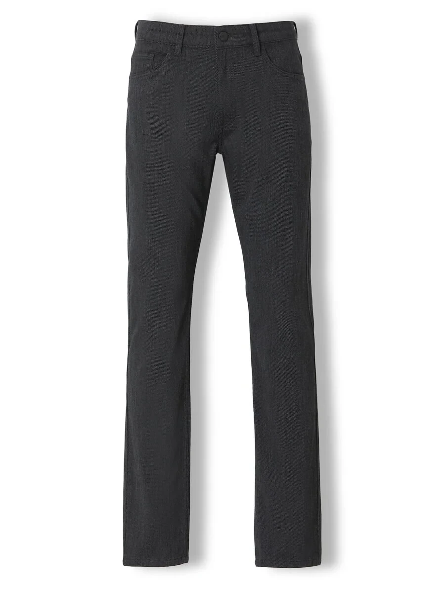 Black Weaving Slim Fit Casual Cotton Blended Trousers - 5