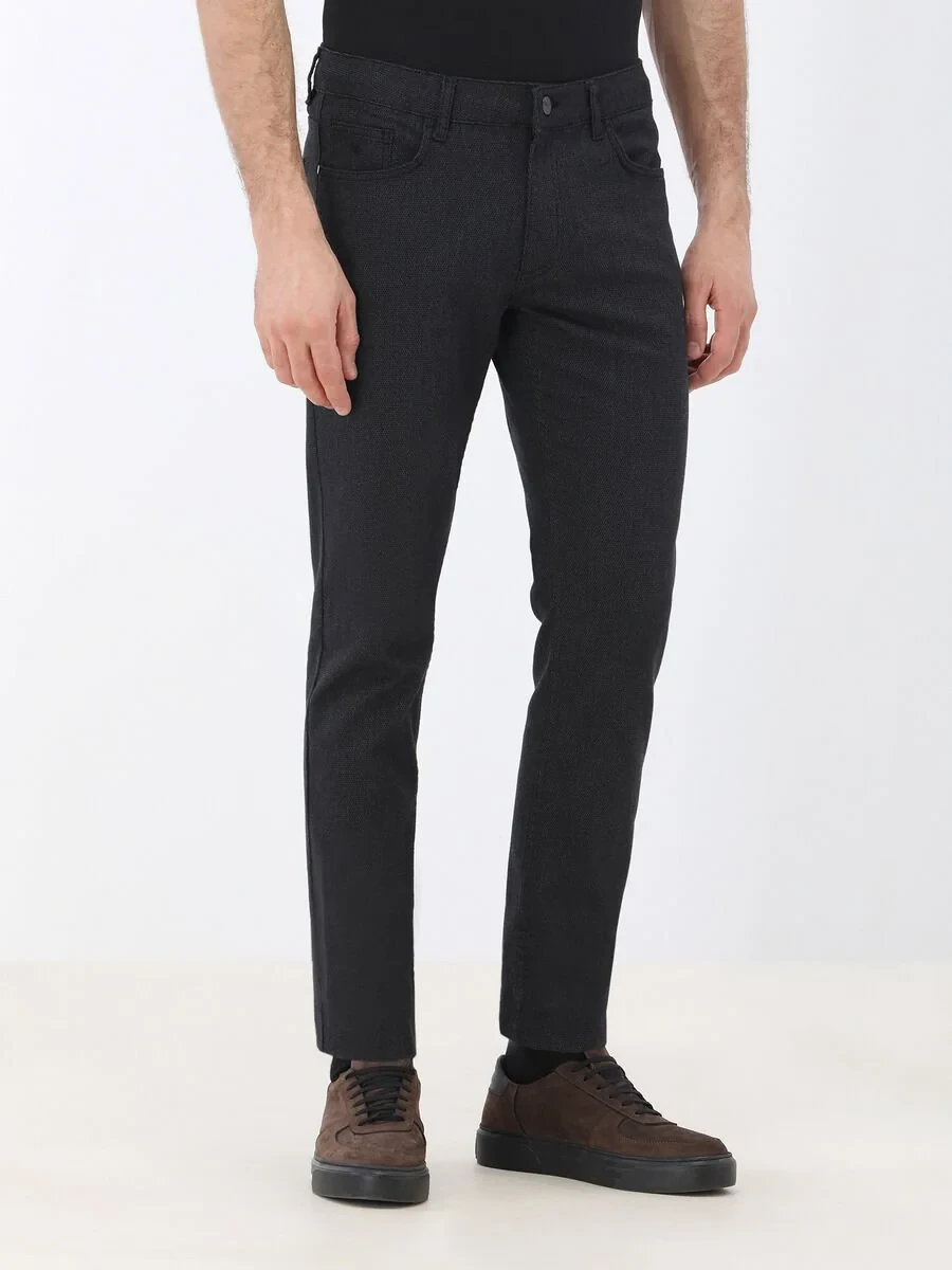 Black Weaving Slim Fit Casual Cotton Blended Trousers - 1