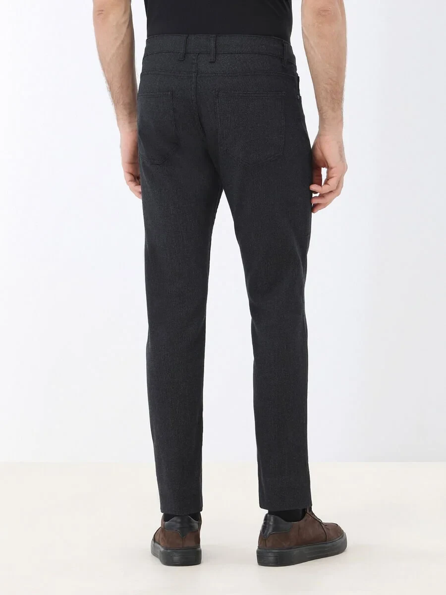 Black Weaving Slim Fit Casual Cotton Blended Trousers - 4