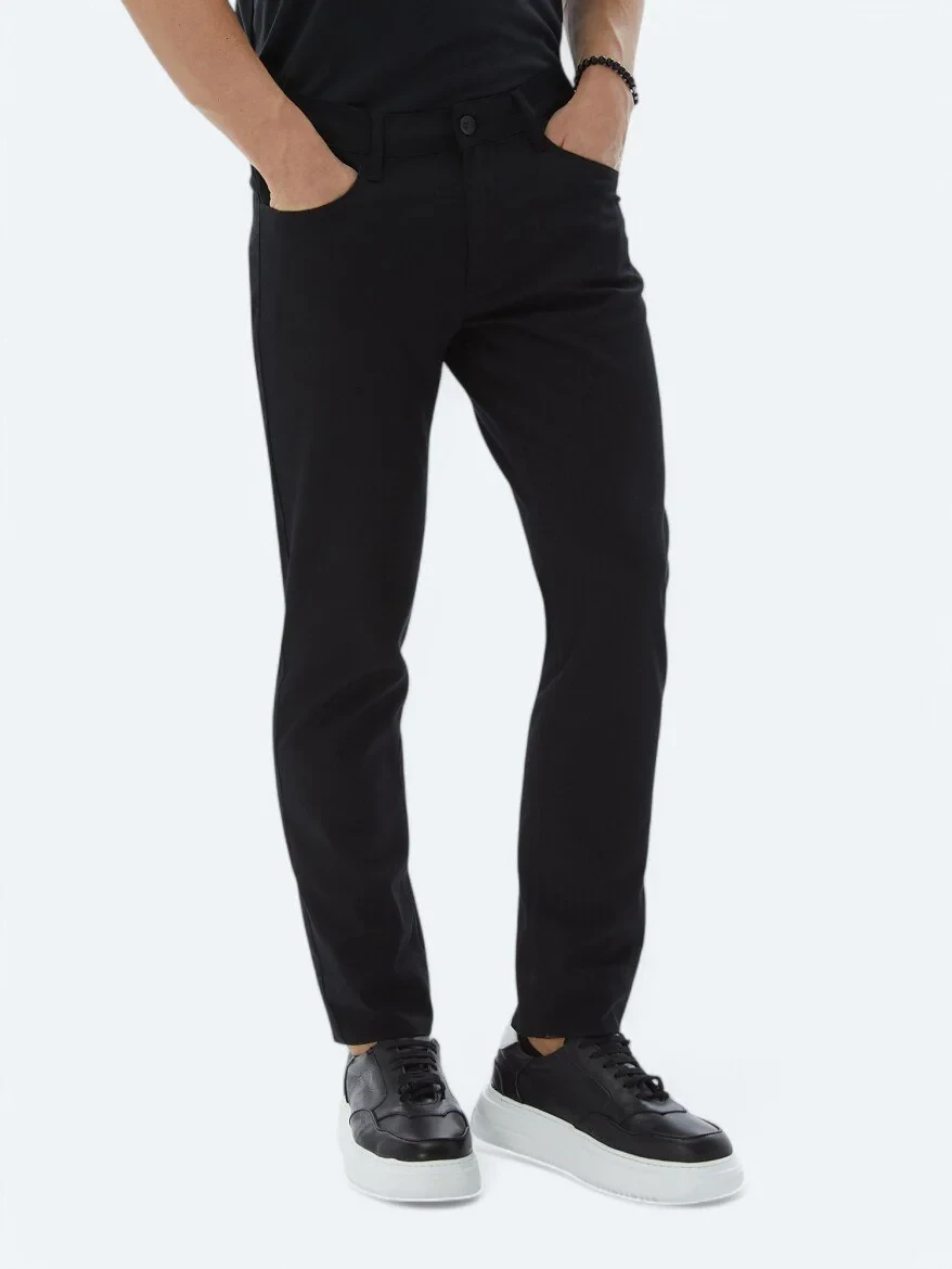 Black Weaving Slim Fit Casual Cotton Blended Trousers - 1