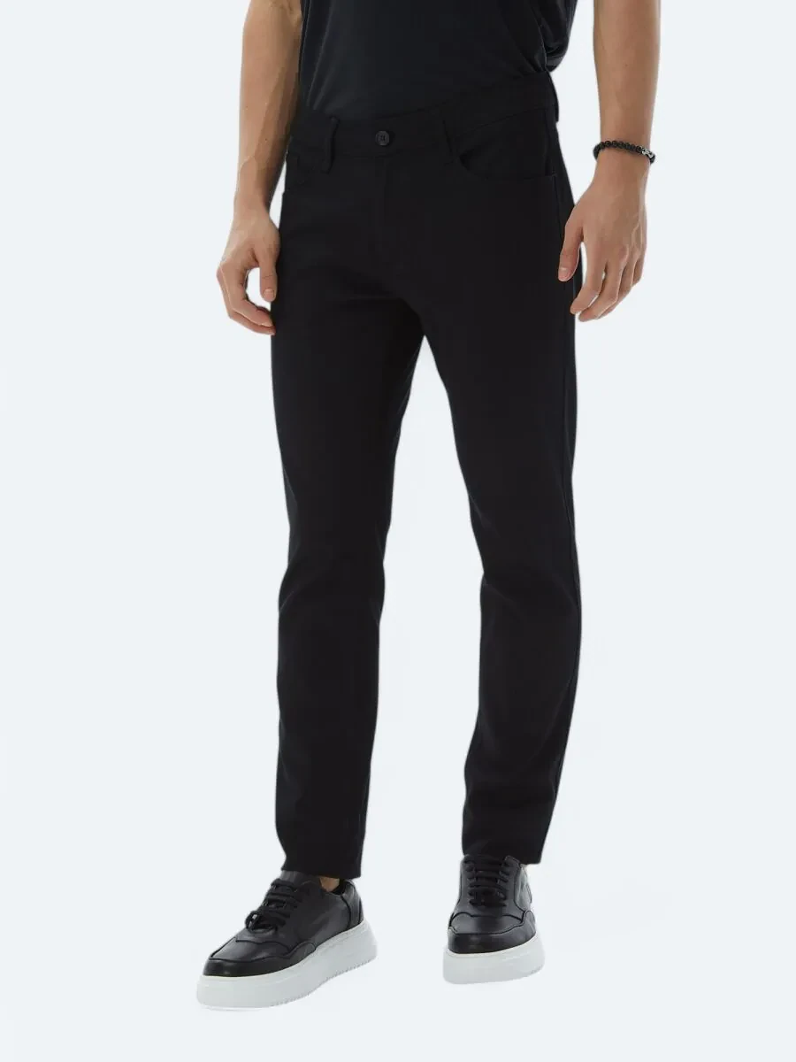 Black Weaving Slim Fit Casual Cotton Blended Trousers - 2