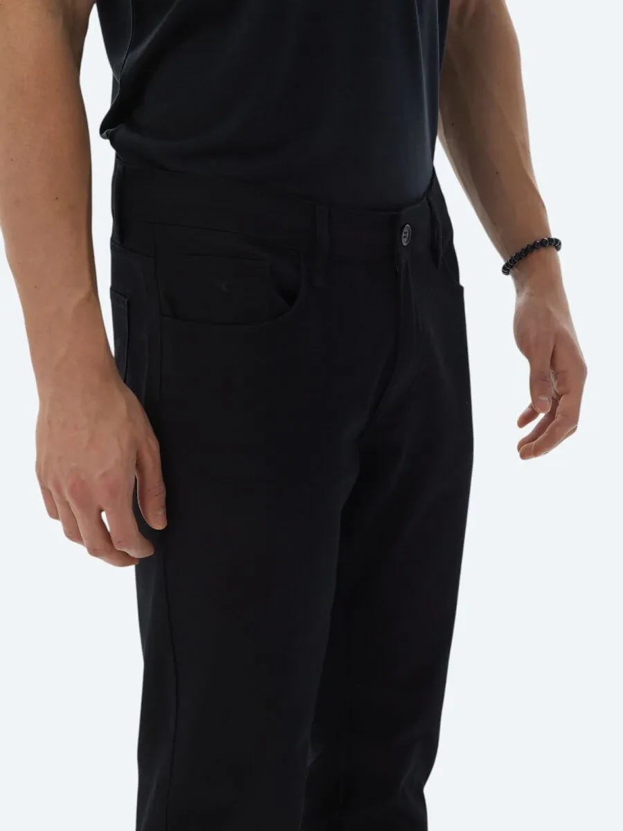 Black Weaving Slim Fit Casual Cotton Blended Trousers - 4