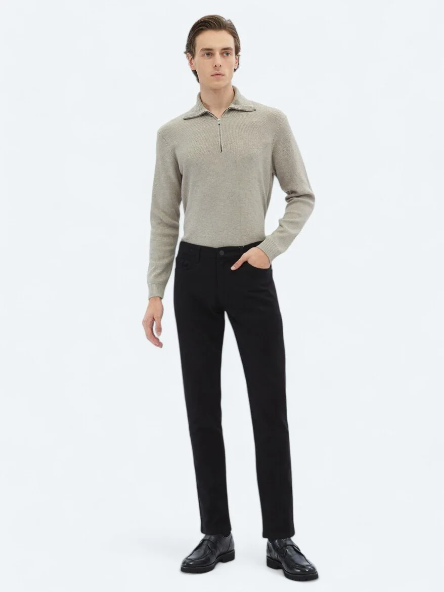 Black Weaving Slim Fit Casual Cotton Blended Trousers - 1
