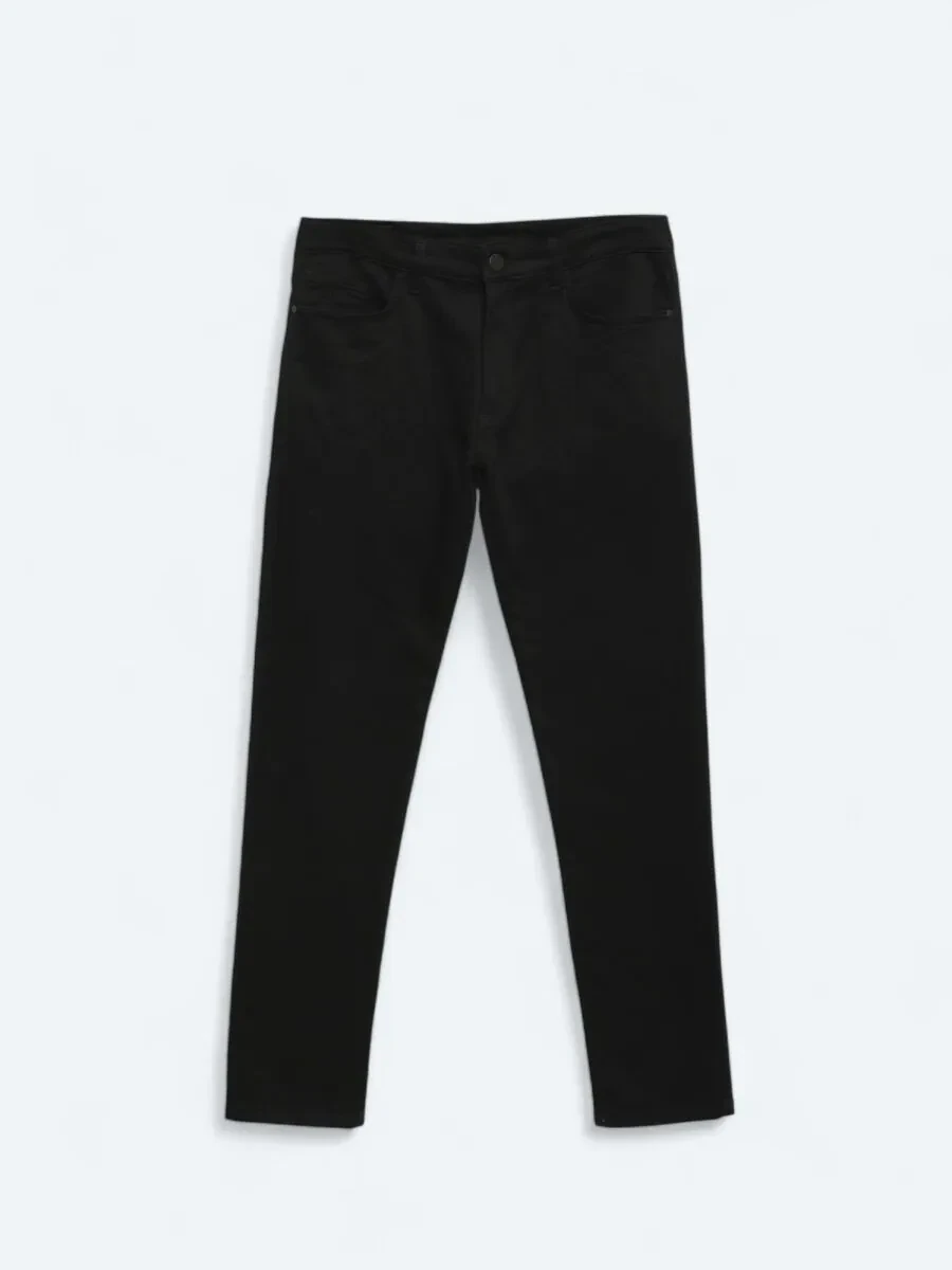 Black Weaving Slim Fit Casual Cotton Blended Trousers - 6