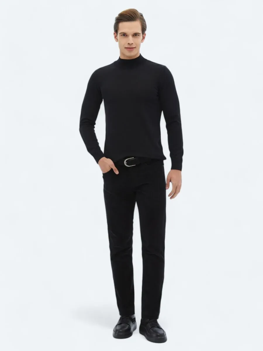 Black Weaving Slim Fit Casual Cotton Blended Trousers - 1