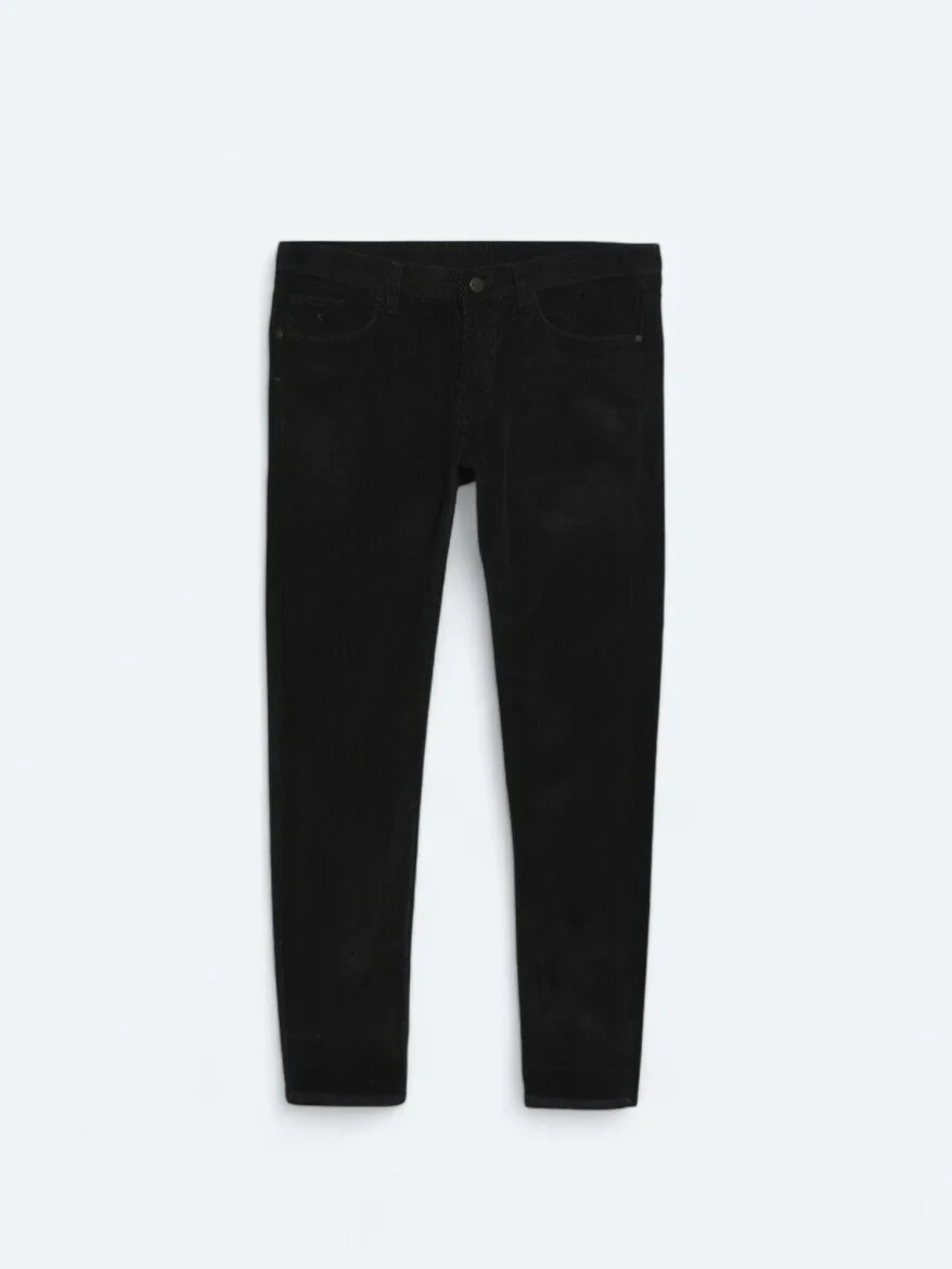 Black Weaving Slim Fit Casual Cotton Blended Trousers - 6