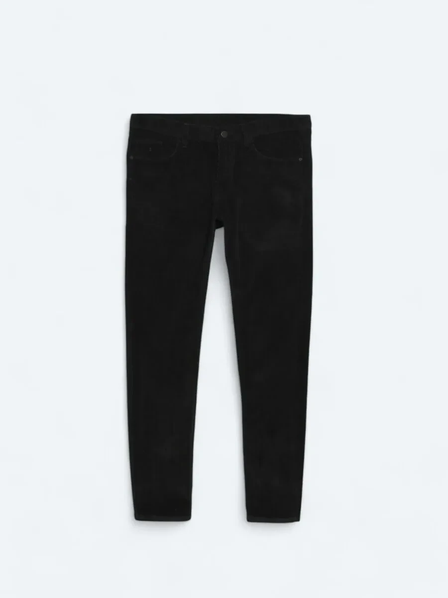 Black Weaving Slim Fit Casual Cotton Blended Trousers - 6