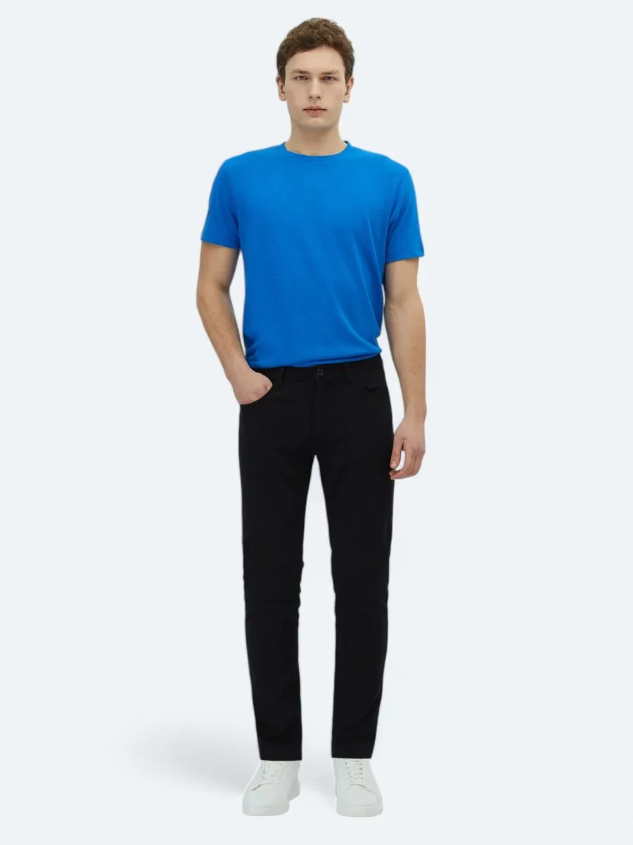 Black Weaving Slim Fit Casual Cotton Blended Trousers - 1