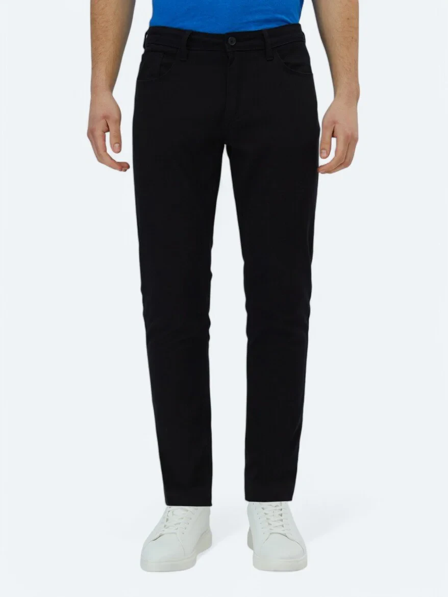 Black Weaving Slim Fit Casual Cotton Blended Trousers - 2