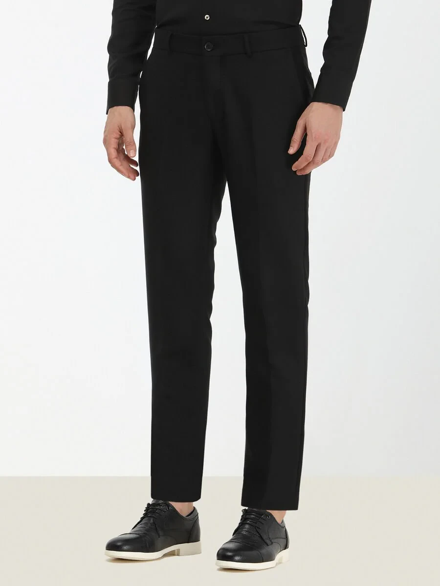 Black Weaving Slim Fit Casual Trousers - 1