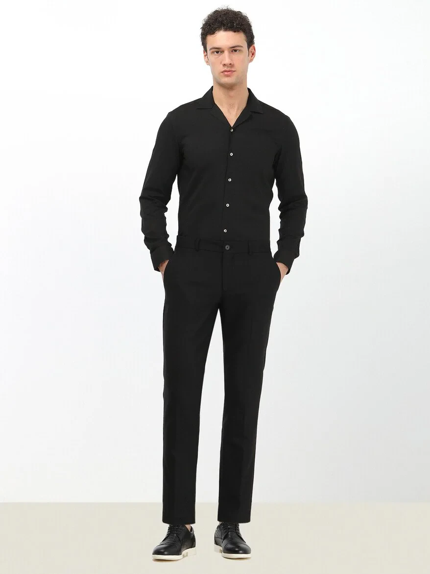 Black Weaving Slim Fit Casual Trousers - 2