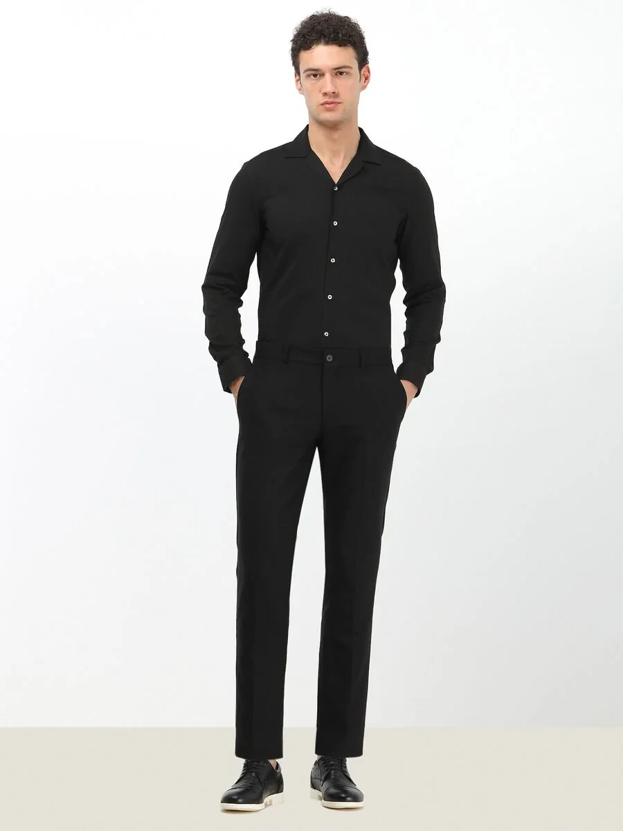 Black Weaving Slim Fit Casual Trousers - 2