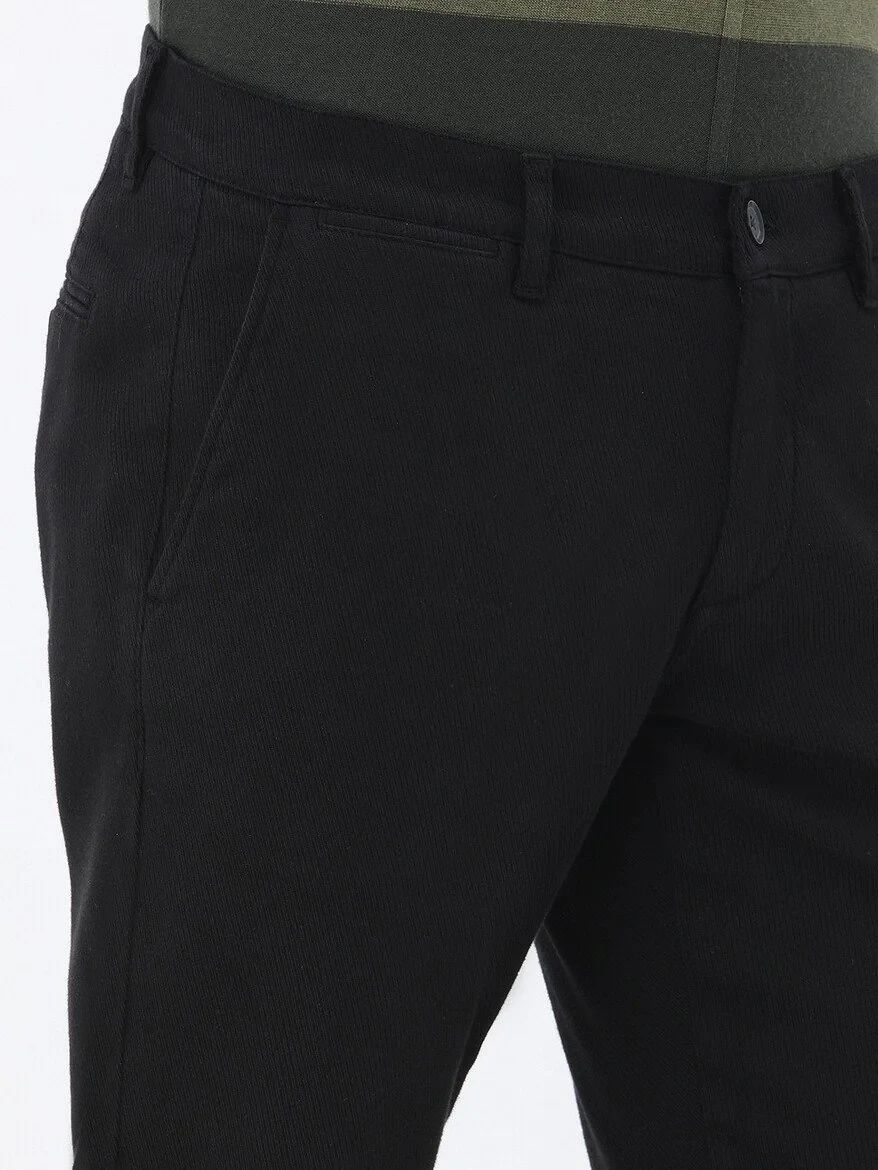 Black Weaving Slim Fit Smart Casual Cotton Blended Trousers - 4