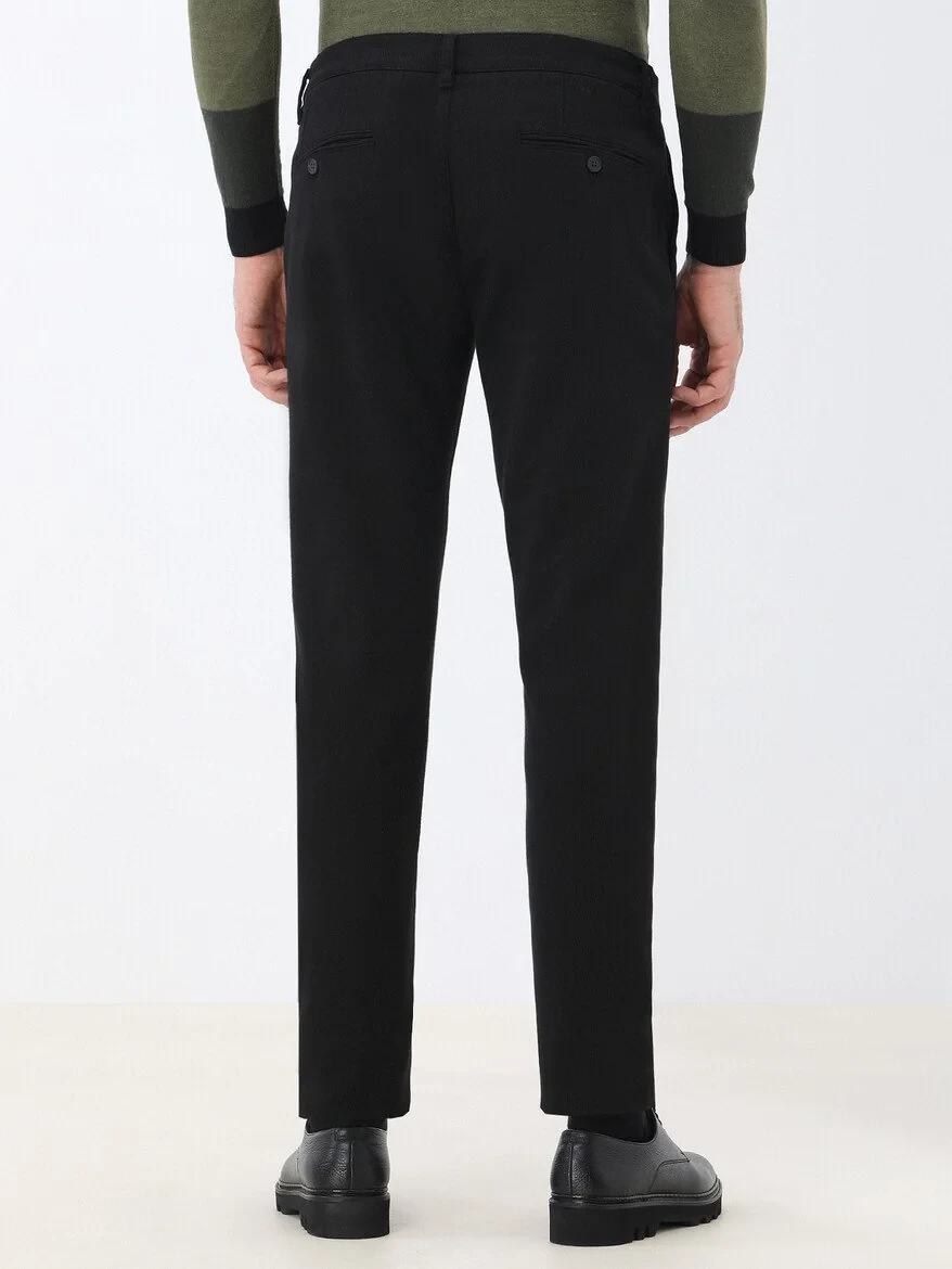 Black Weaving Slim Fit Smart Casual Cotton Blended Trousers - 5