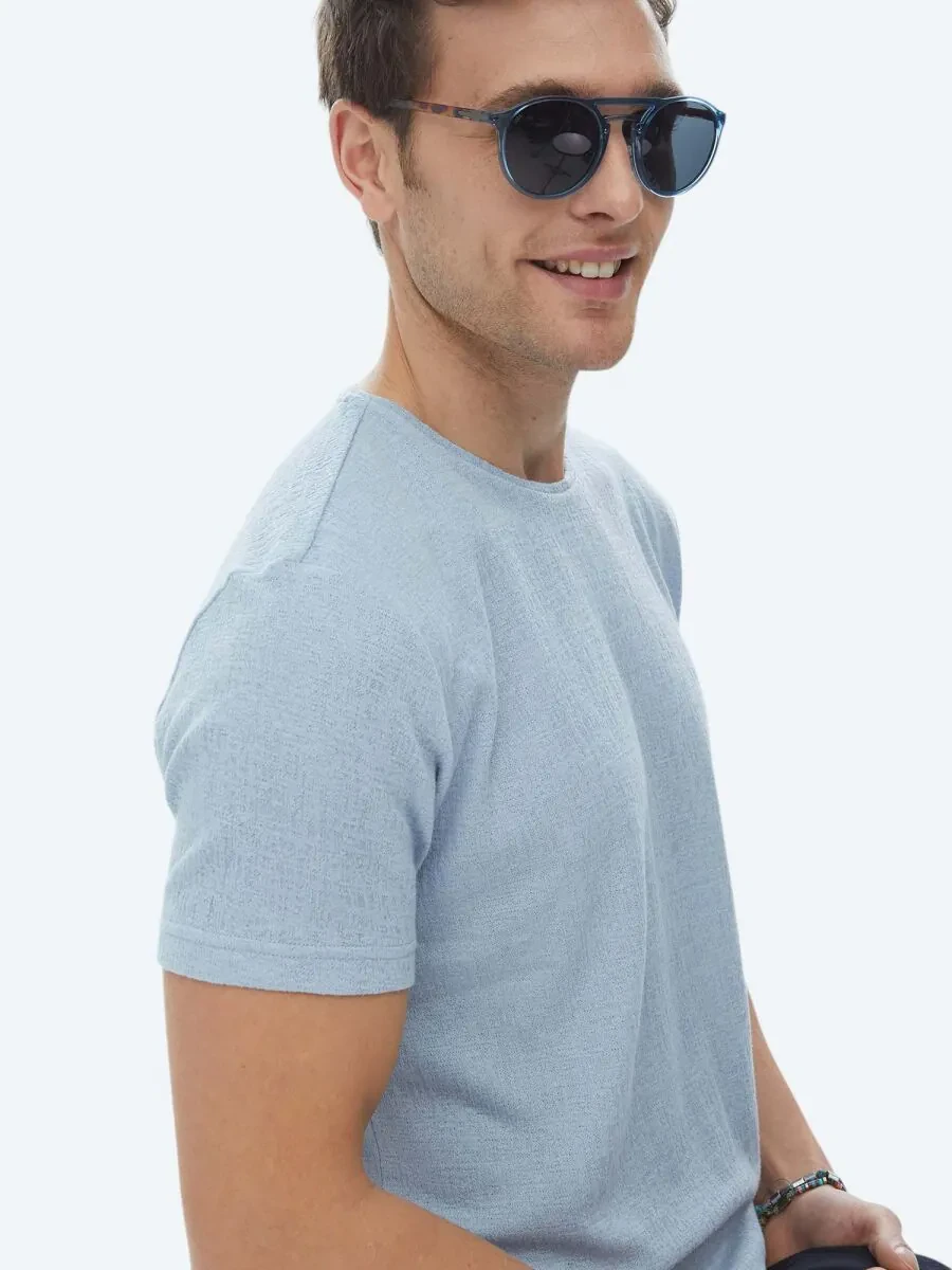 Blue Jacquard Crew Neck Cotton Blended T-Shirt - 1