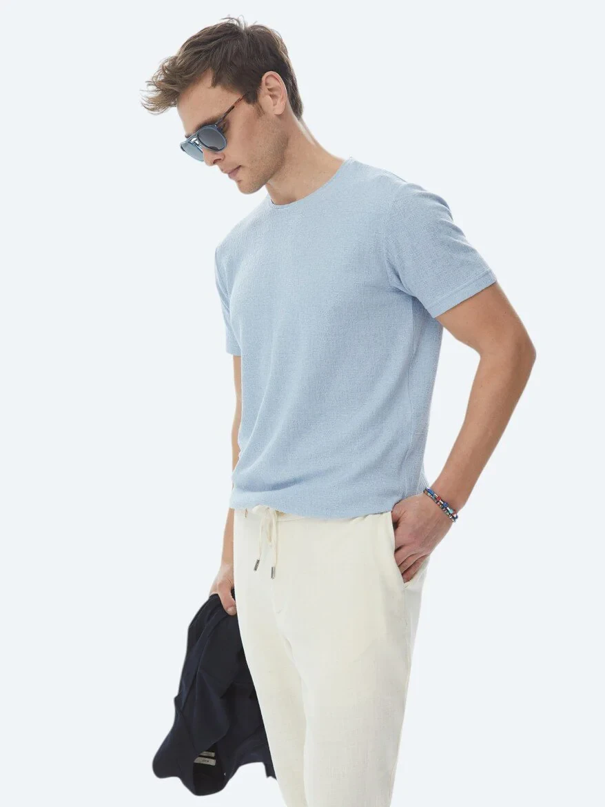 Blue Jacquard Crew Neck Cotton Blended T-Shirt - 2