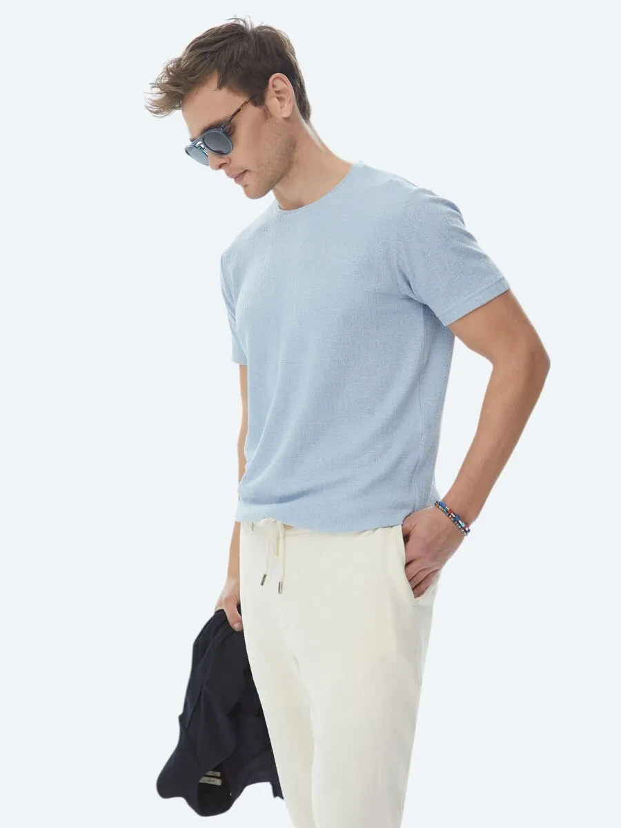 Blue Jacquard Crew Neck Cotton Blended T-Shirt - 2