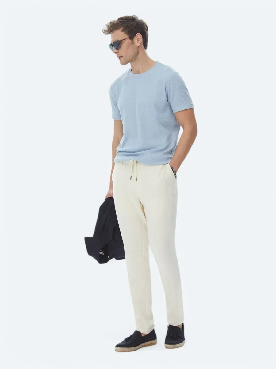 Blue Jacquard Crew Neck Cotton Blended T-Shirt - 3