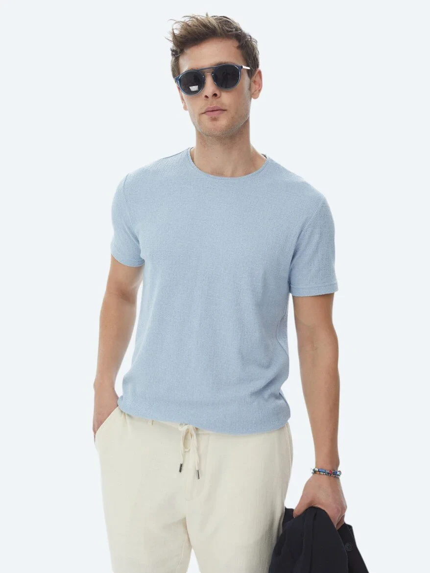 Blue Jacquard Crew Neck Cotton Blended T-Shirt 