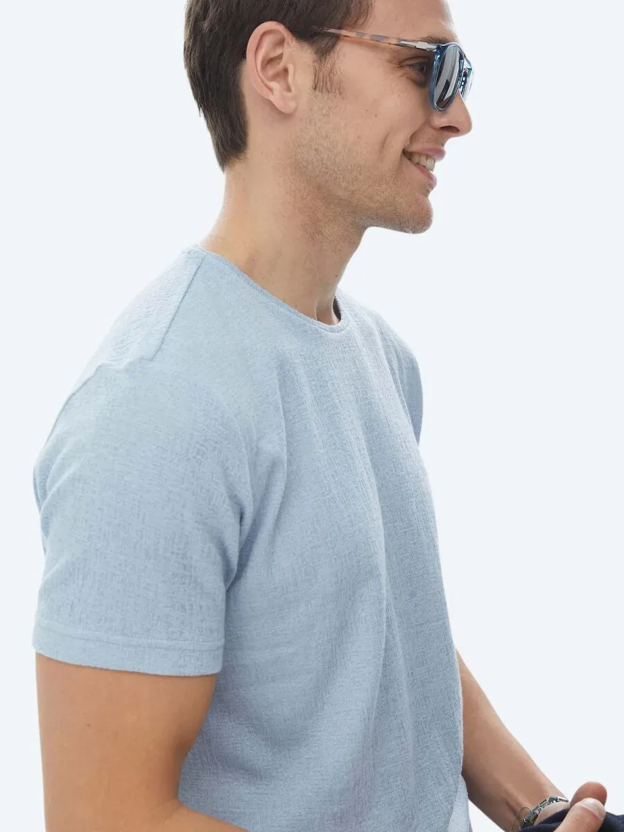Blue Jacquard Crew Neck Cotton Blended T-Shirt - 5