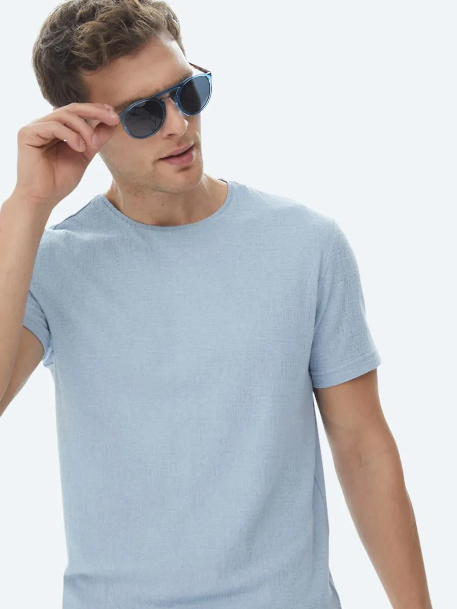 Blue Jacquard Crew Neck Cotton Blended T-Shirt - 6
