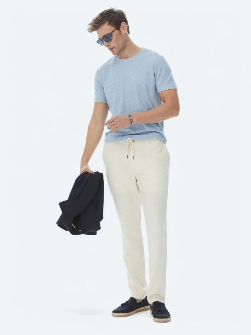Blue Jacquard Crew Neck Cotton Blended T-Shirt - 7