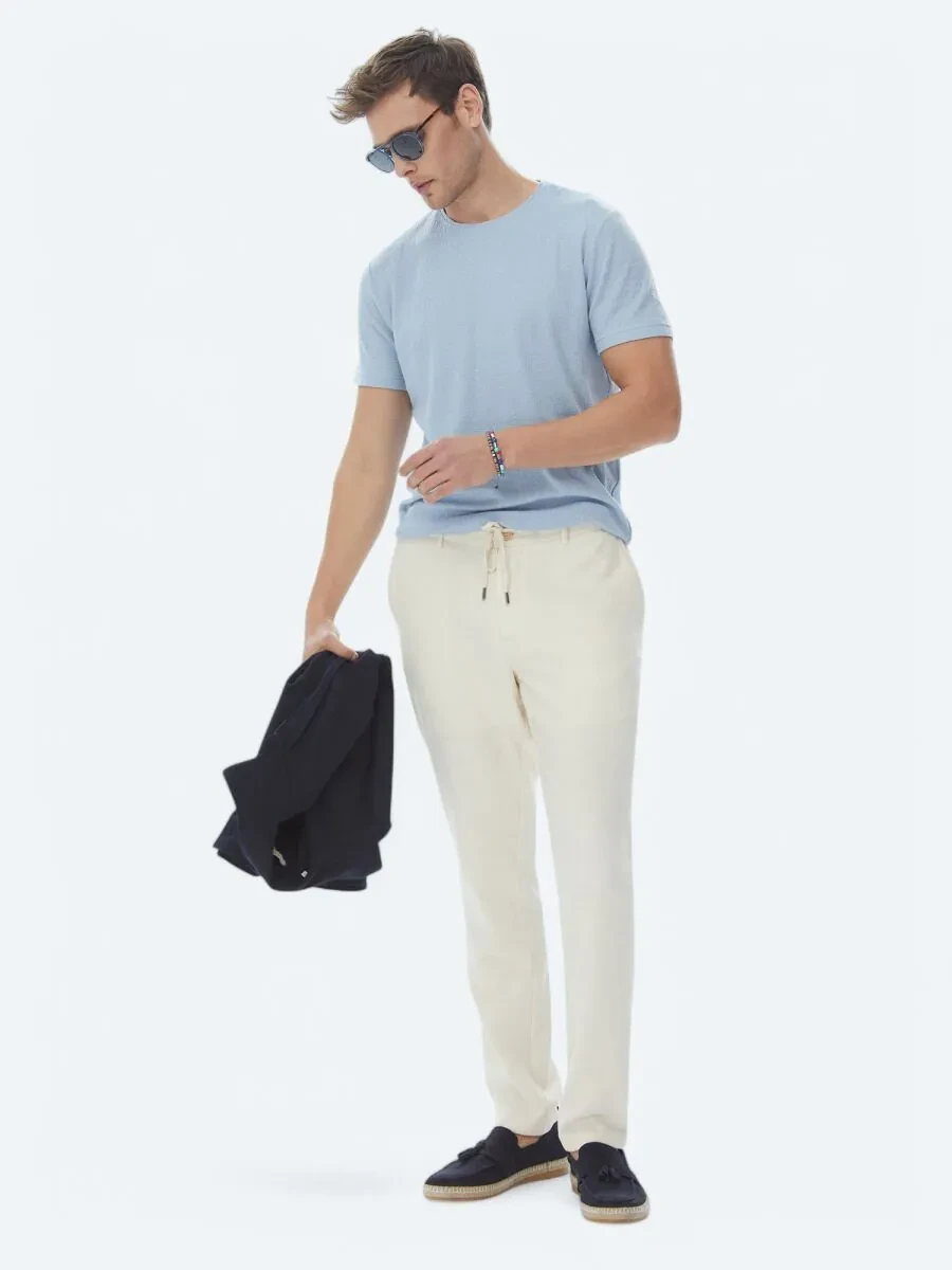 Blue Jacquard Crew Neck Cotton Blended T-Shirt - 7