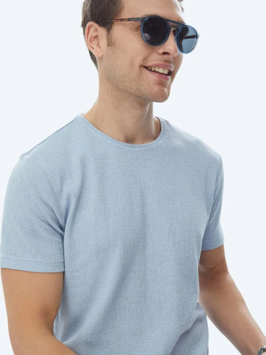 Blue Jacquard Crew Neck Cotton Blended T-Shirt - 8