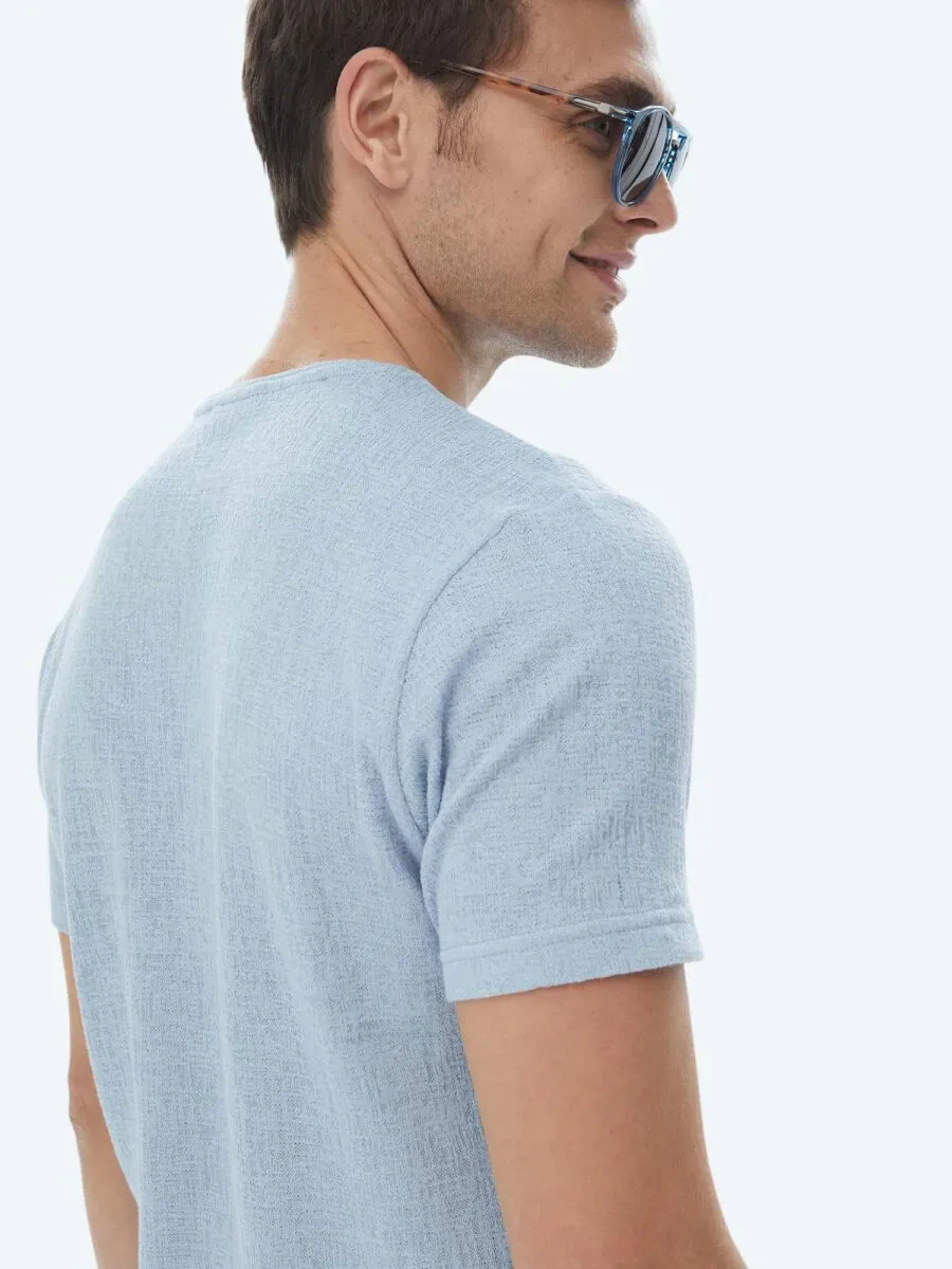 Blue Jacquard Crew Neck Cotton Blended T-Shirt - 9